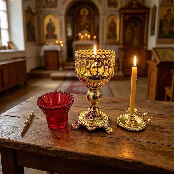 Byzantine Gold Plated Orthodox Candle Holder Set with Red Glass for Home Altar Church Prayer Christian Religious Gift Decor Acce 26H0508