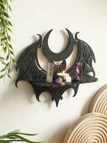 Black Halloween Wooden Wall Shelf Gothic Bat Moon Hollow Pattern Floating Crystal Holder Goth Home Decor Witch Room 260508
