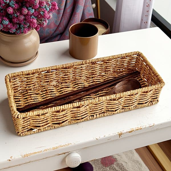 Imitation rattan woven Ins-style multifunctional storage basket: desktop organizer, kitchen cutlery holder, bathroom drain tray