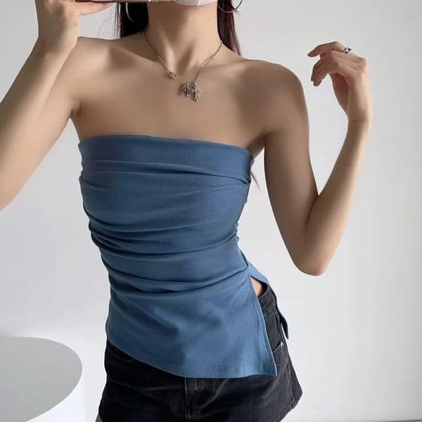 2026 Summer Ins Style Off Shoulder Ruched Tube Top Women Pure Alluring Backless Slim Fit Vacation Sleeveless Tank Top