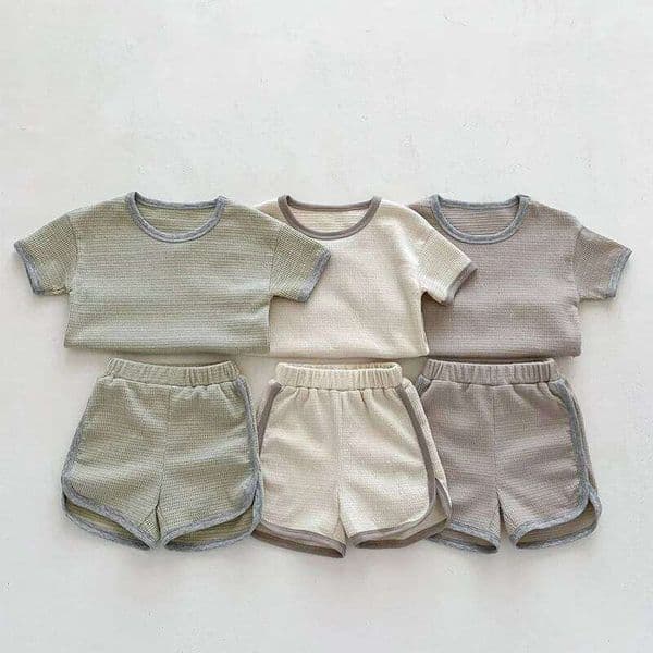 New Summer Newborn Baby Boy Girls Clothing Suit Short Sleeved Solid Color Waffle Cotton T-shirt+Shorts Children Clothes Set 26Y0508
