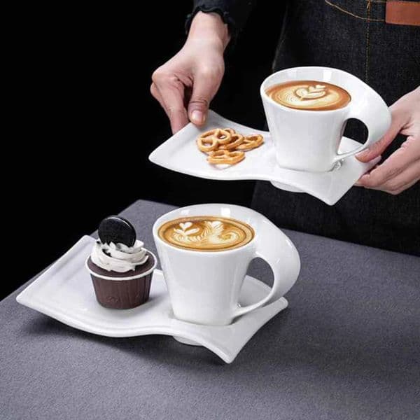 European Ceramic CoffeeCups Set with Wave Shape Plate 80 100 180 and 280ml Modern Minimalist White Cappuccino Latte Dessert Dish 260508