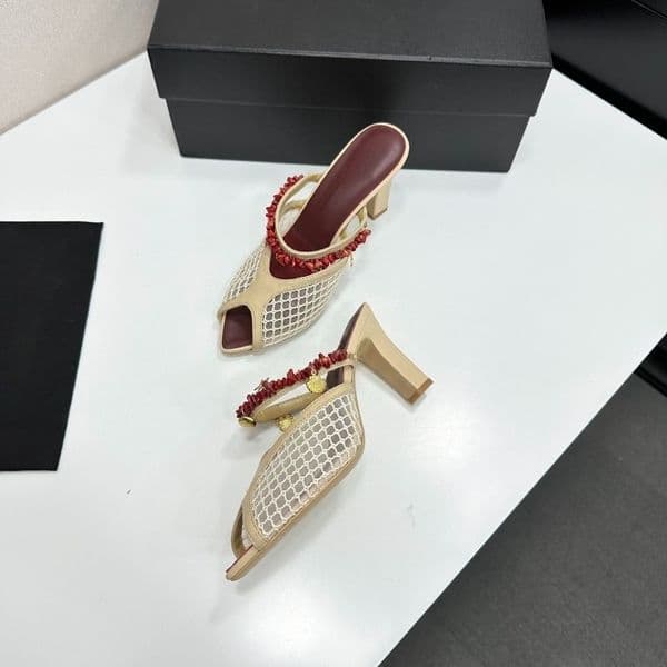 Luxury Embellished Mesh Mules designer women slip on chunky heel pointed toe sandals Metal charms beach shoes Leather sole