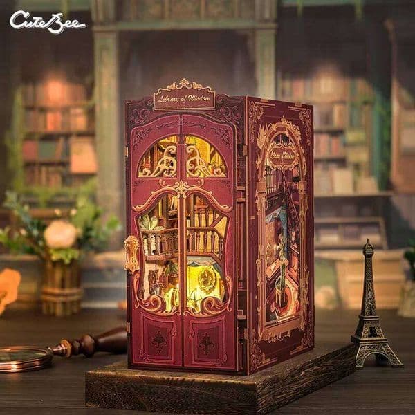 CUTEBEE DIY Book Nook Kit Miniature Dollhouse with Light Dust Cover Bookshelf Insert for Library of Wisdom 26W0508