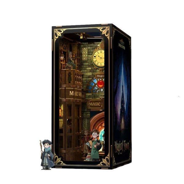 DIY Book Nook Wooden Miniature Model Kits Magic Town Bookend 3D Puzzle with LED Light Bookshelf for Friends Birthday Gifts 26W0508