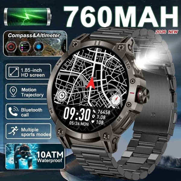 smartwatch men,760mAh BT call,LEDflashlight,compass,1.85HD Large screen,heart rate.blood pressure IP68waterproof 26Y0507