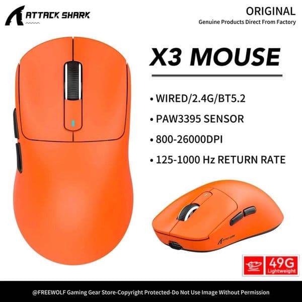 ATTACK SHARK X3 X3PRO Wireless BT Lightweight,PAW3395 1K Hz Return,Tri-Mode Connection,Macro Gaming Mouse 26L0508