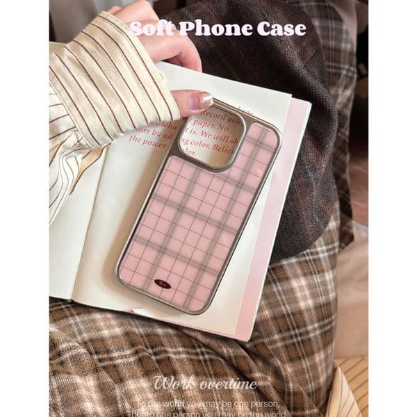 Sweet Pink Apple 17 Max Phone Case Gentle Temperament Ins Style Korean Silver Edge 16 Pro Plaid