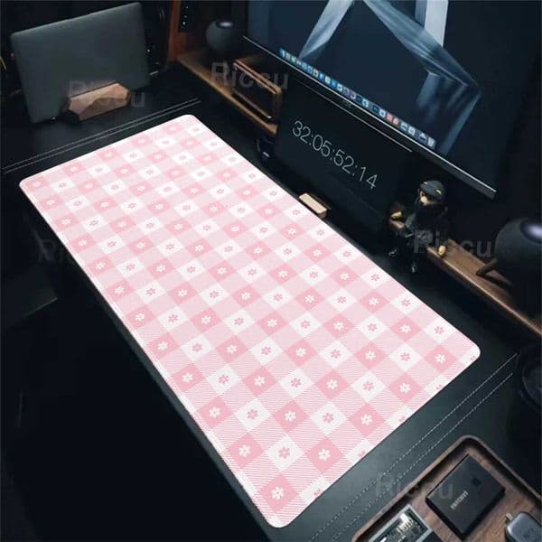 Pink And White Checkered Mousepad Office Laptop Mausepad Flower Mouse Pad Pc Accessories Grid Deskmat Large Rubber Gaming MatsT260508