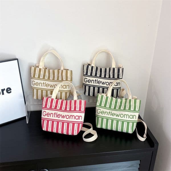 INS mini women's tote bags canvas handbag women, striped small square with letters, casual shoulder and crossbody bag for walking