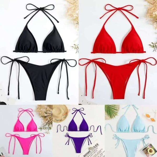 Bikini three-point sexy drawstring strap halter bikini solid color lace-up split swimsuit 26L0508