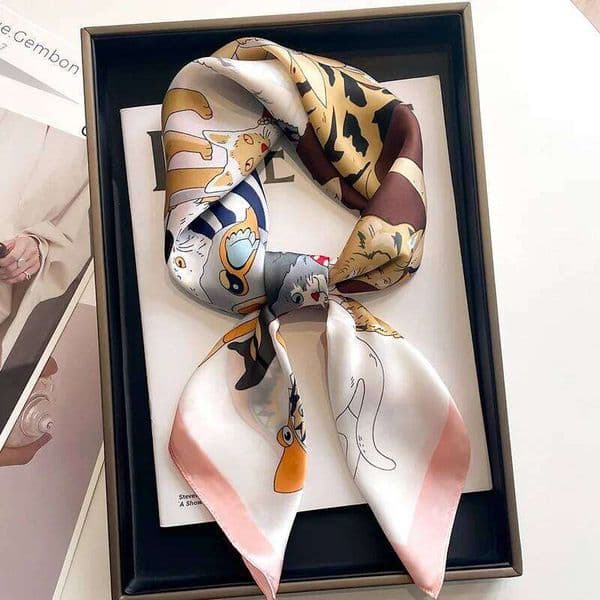 Cute Cat Print Silk Square Scarf Women Luxury Design 70*70cm Soft Satin Hairband Neckerchief Office Hijab Headband Foulard Gift 26W0508