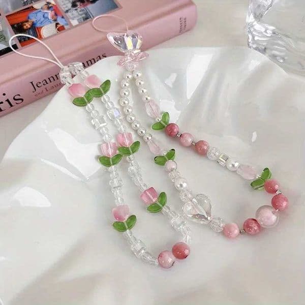 3D Tulip Flower Crystal Bead Chain Phone Pendant Bag Keychain Handmade Jewelry Ornament Lanyard Strap Cord Chain L260508