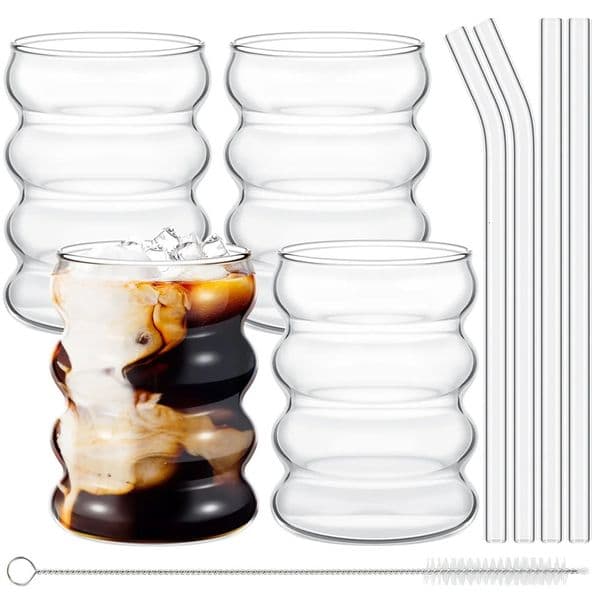 4pcsSet Glass Cups Coffee Mug Creative Clear Drinking Glasses Ribbed Glassware With Straws Set Cocktail Fruit 260508