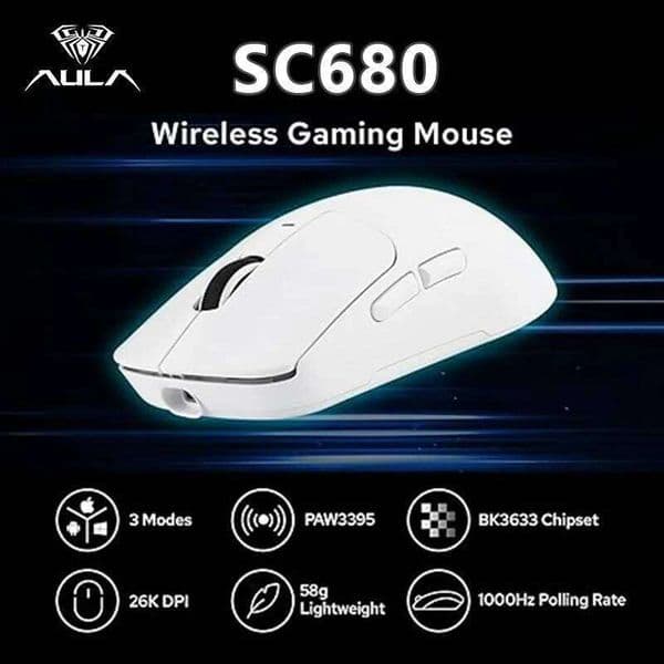 AULA SC680 Wireless Gaming Mouse W/ 26000 DPI PAW3395 Sensor BT 5.0/2.4G/Wired Tri Mode 500mAh Battery For Windows/Mac/PC/laptop 26L0508