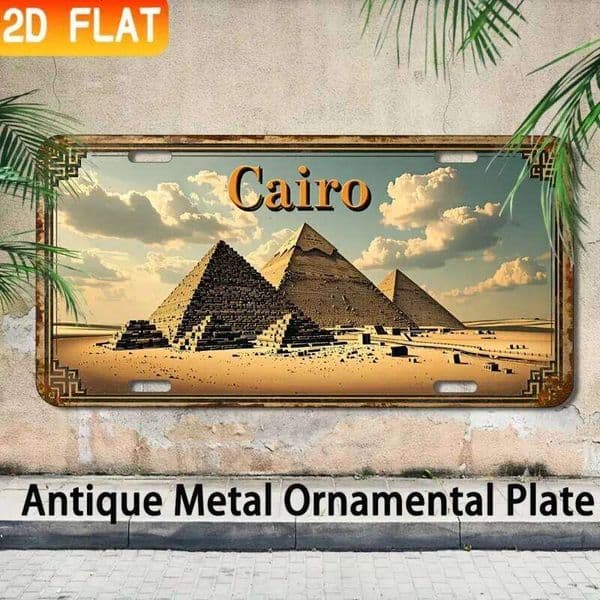2D Flat, 1pc Vintage Aluminum Metal Wall Decor Sign Plaque - Cairo Pyramids Retro Design,Art for Bar Cafe Restaurant Home 26Y0507