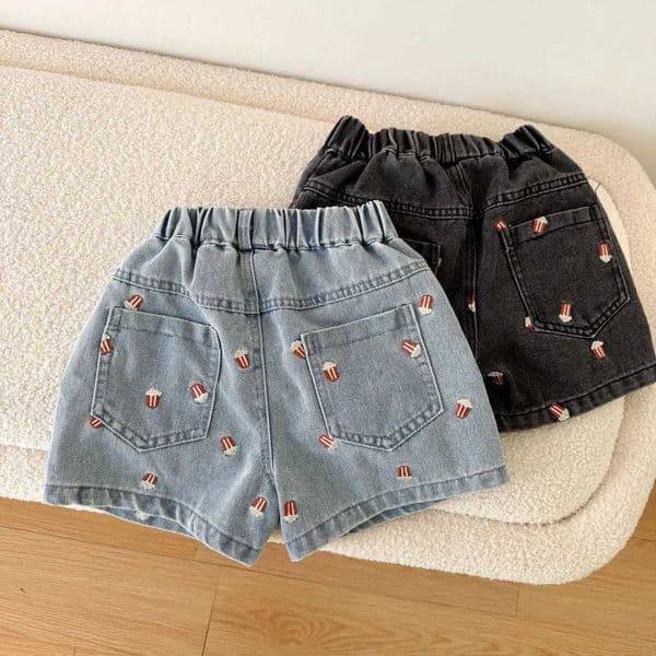 2025 Summer Kids Denim Shorts Children Boys Girls Popcorn Embroidery Short Pants Casual Knee Length Jeans ShortsT260508