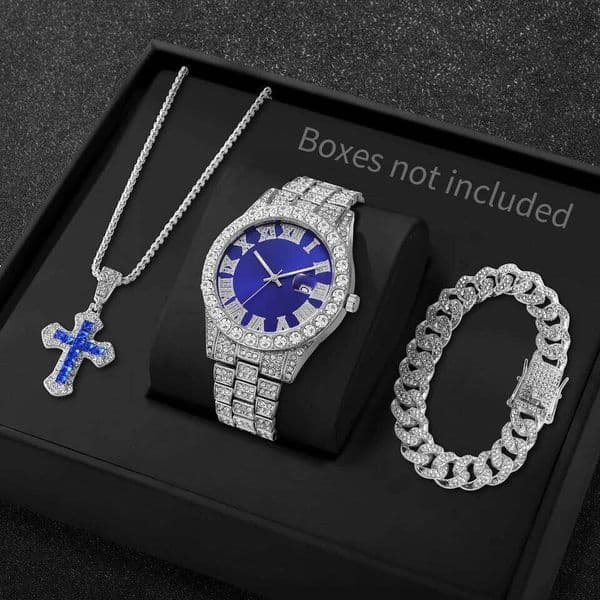 3PCS/Set Luxury Full Diamond Men Quartz Watches Fashion Hip Pop Mens Calendar Wristwatch Bracelet Necklace Set (Without Box) 26L0508
