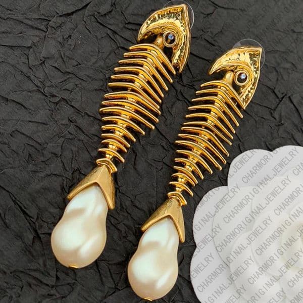 designer earrings women fishbone pearl drop earrings luxury jewlery designer for women elegant vintage statement timeless gift for her Free Shipping