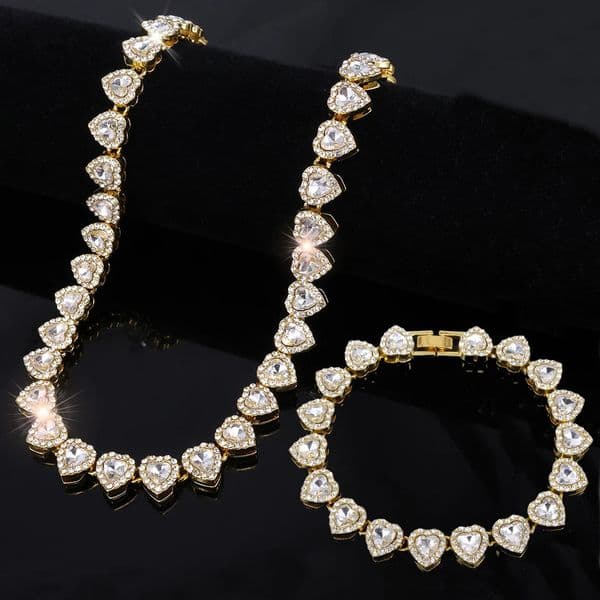 Trendy Shiny Heart Zircon Hip Hop Rock Tennis Chain Jewelry Set - Bracelet Necklace Combo For Women Men260429