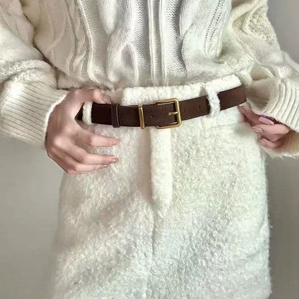 Minimalist square-toe waist belt for women autumn and winter niche high-end versatile fashionable retro brown leather 260507