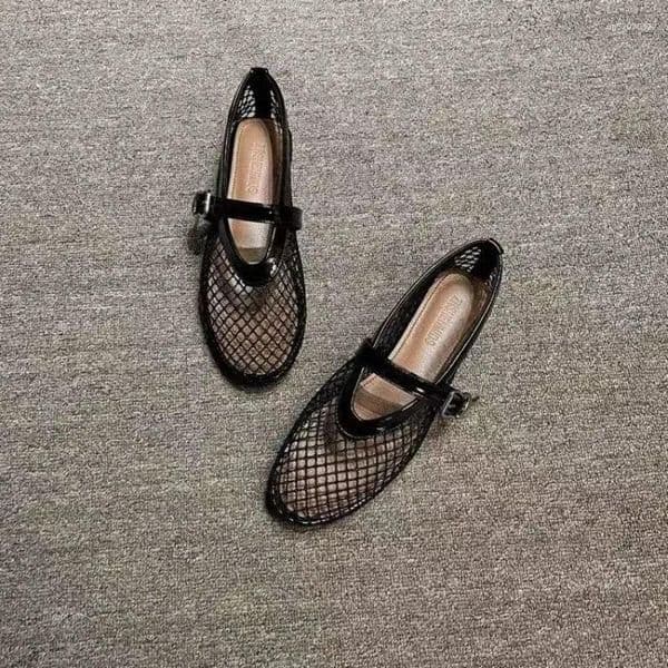Sandals Net Flat Fashion Summer Round Head Breathable Non-slip Line Button Mary Jane Fishnet Shoes Ladies