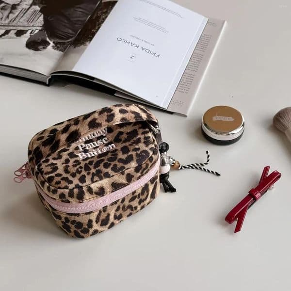 Cosmetic Bags Korean Style Mini Makeup Bag Compatible For Girls Cute Leopard Print Travel Friendly Handbag With Handle Compact Case Daily