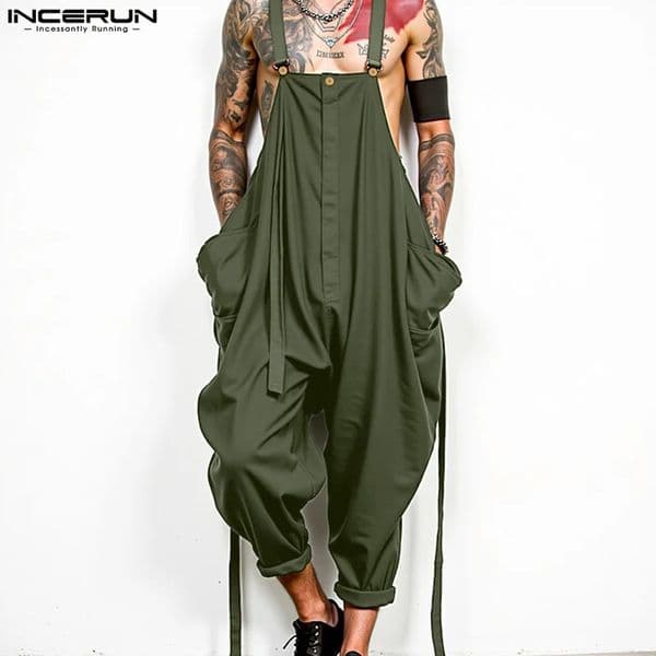 Men Jumpsuits Solid Color Oversize Sleeveless Loose Wide Leg Rompers Streetwear Pockets Fashion Straps Overalls INCERUN 260508