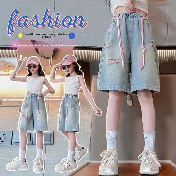 2026Children Heart Pattern Denim Shorts For Girls New Summer Knee-Length Denim Short Pants Kids Teenager Casual Style Mini JeansT260508