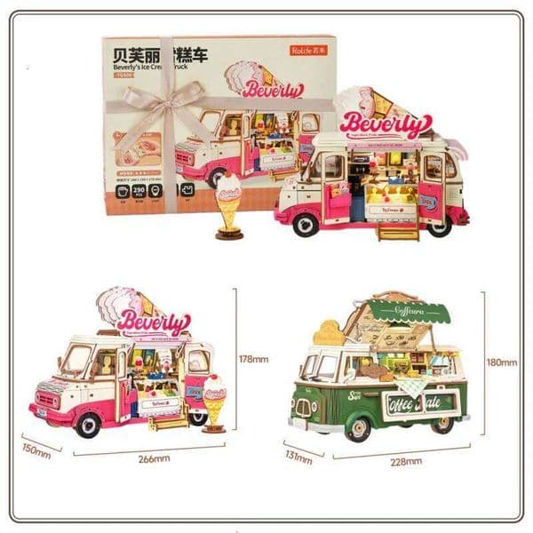 Original Rolife Ice Cream Truck Kawaii Coffee Dining Car 3D DIY Assembly Miniature Wooden Model Desktop Ornament Birthday Gift 26W0507