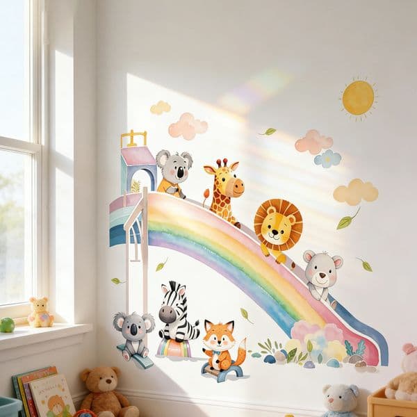 Cartoon Animal Rainbow Slide Cloud Sun Wall Stickers for Kids Room Nursery Selfadhesive Decorative Decals 260508