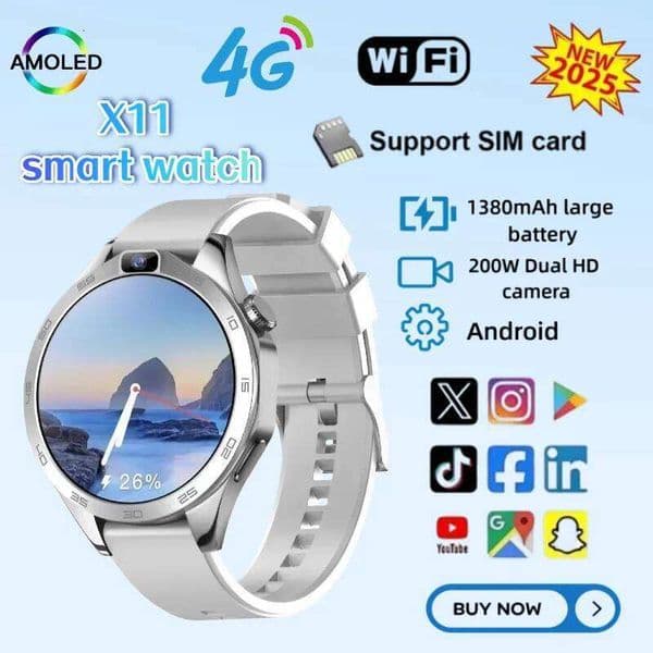 X11 New 4G Men Smartwatch SIM Card 8GB+128GB Android OS 1.85-inch 1380mah battery dual HD cameras WIFI GPS Sports smartwatch 26Y0507