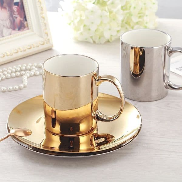 Europe Coffee Cup Set Gold/ Silver bone china Tea Cup Set Electroplated cups and saucers Home Party Drinkware 260507