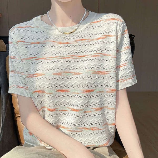 Direct From The Manufacturer New Summer Style Color-Block Striped Round-Neck Tencel Short-Sleeve T-Shirt For Women, Slim-Fit Knit Top