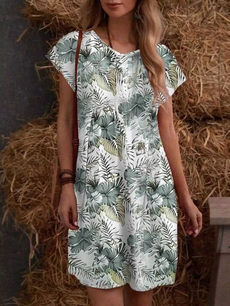 Women Dress V Neck Short Slve Tropical Print Loose Gown Boho Mini New Spring Summer Chic Dress Beach Flattering Outfit L260508