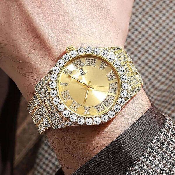 Classic Luxury Golden Men's Steel Strap Roman Scale Rhinestone Calendar Quartz Watch Fashion Male Wristwatch 26L0508