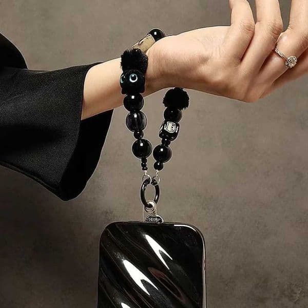 Premium Advanced Black Plush Cat Mobile Phone Lanyard - Bead Bracelet Design with Integrated Car Keychain L260508