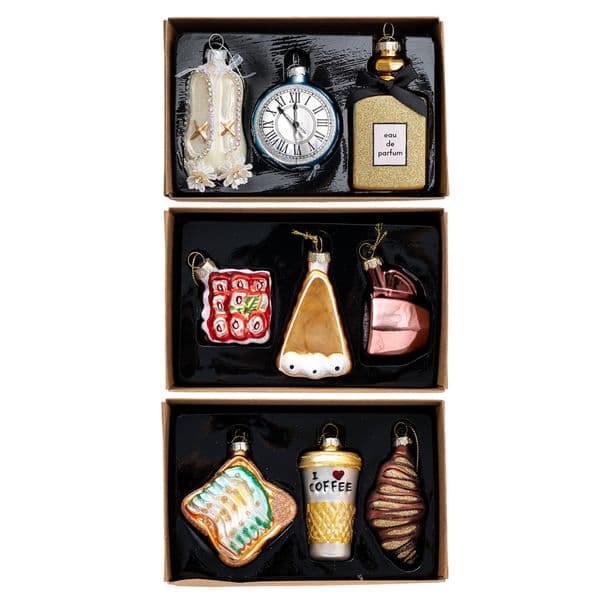 3 Sets Christmas Glass Ornament Set, Fashion & Food Themed Hanging Decor for Christmas Tree