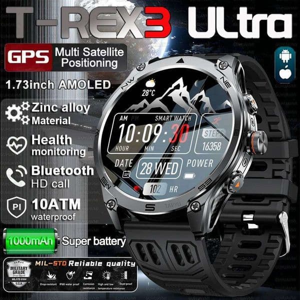 T-Rex 3 ULtra Grade 1000mAh Battery Watch 10ATM Waterproof GPS call AMOLED HD Men 100+Sports 2025 New Smart watch 26H0508