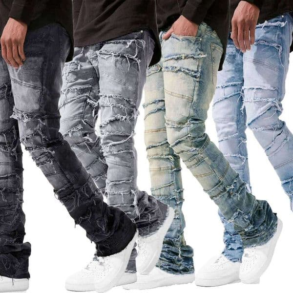 Patch straight-leg pants jeans street ins explosive style elastic new men's fashion retro denim trousers 26Y0509