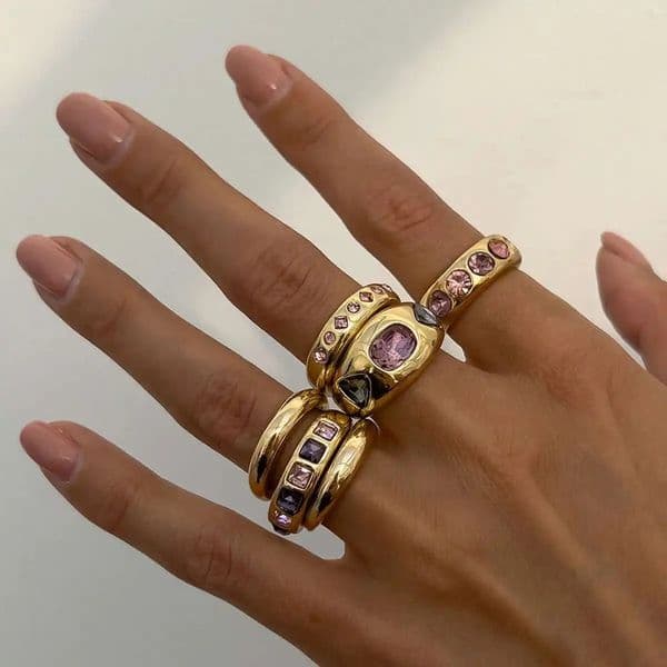 PuRui Vintage 6PcsSet Simple Open Adjustable Rings Knuckle Women Smooth Pink Rhinestone Set Party Banuqet Jewelry Gift 260508