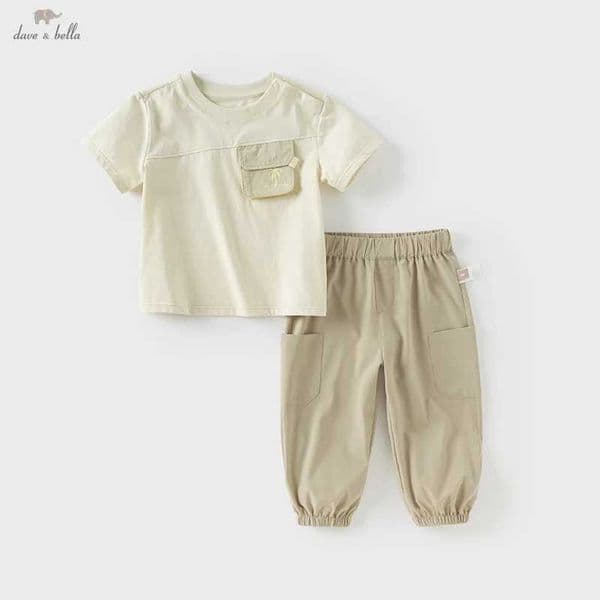Dave Bella Children Short-Sleeved T-shirt Pants Set Solid Boys Summer Two-Piece Set Casual Brother Clothes Set DB225163 L260509DU3N