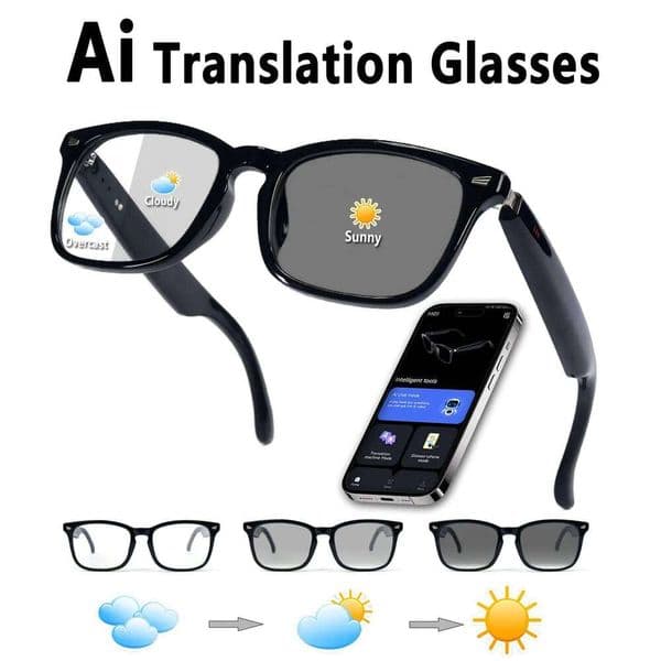 Smart Glasses, App Translation, Color-Changing Lenses, High-Definition Voice Calls, Hi-Fi Music Quality, Open-Ear Audio Glasses. Smart Glasses