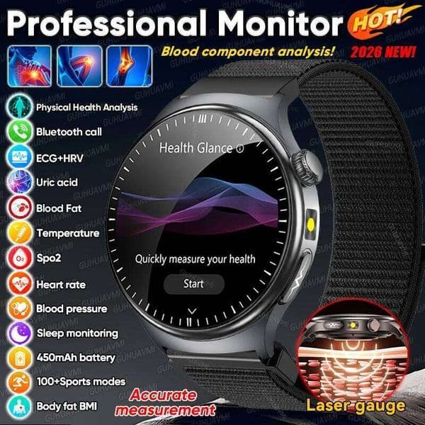 2026 New Micro Physical Examination Health SmartWatch Men ECG Uric Acid Lipids Blood Pressure BT Call Smartwatch For Android IOS 26H0508