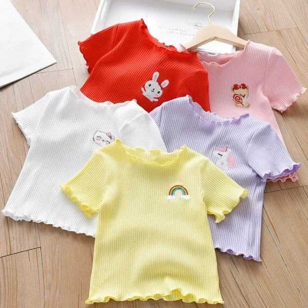 Girls Embroidered Short Sleeve T-Shirt Ice Silk Summer Top with Ruffle Trim Stretchy Soft for Toddler Baby 1-6 Year L260509ZWFQ