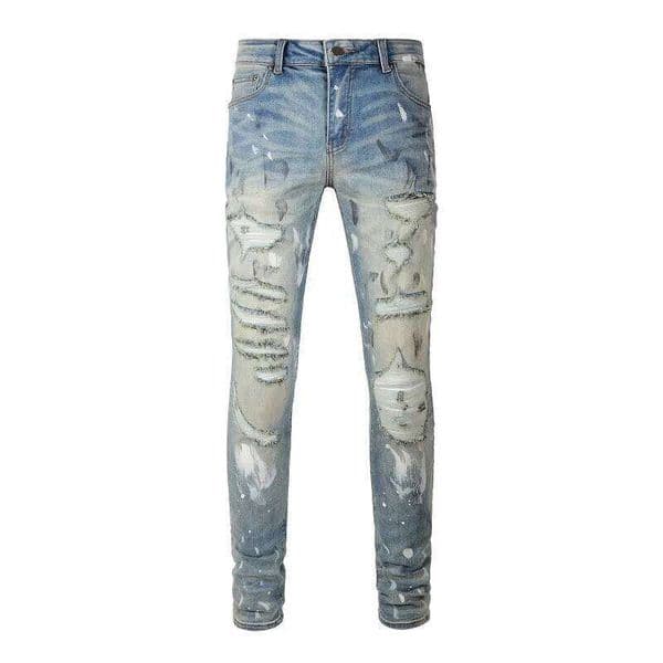 Men Holes Ripped Stretch Denim Jeans Streetwear Distressed Painted Skinny Tapered Pants Vintage Trousers 26Y0509