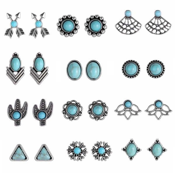 Boho New Turquoise Inlaid Mini Earring for Women Charm Silver Metal Arrow Triangle Geometric Earrings Piercing Stud Jewelry C260509
