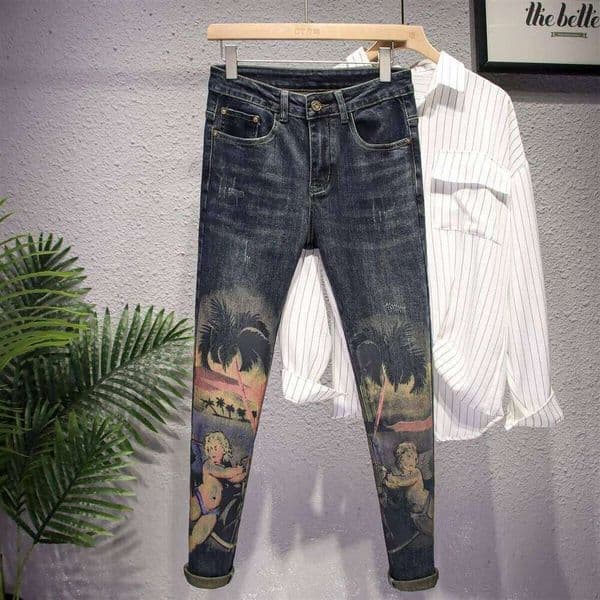 Spring and Autumn New Fashion Trend Printed Straight Leg Elastic For Men's Casual Retro Sports High-Quality Jeans 28-36 26Y0509