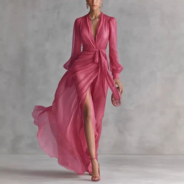 2026 Spring Retro Court Style V Neck Tie Waist Spliced Puff Sleeve Long Dres Elegant Temperament Outfit 260430