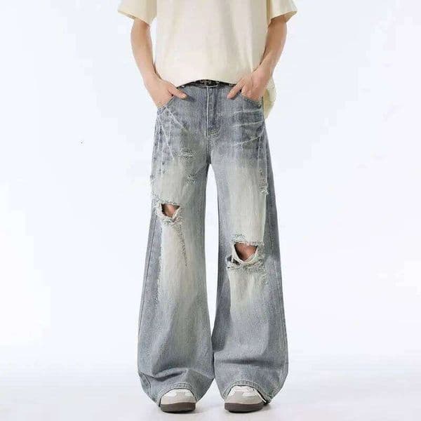 Male Ripped Stretch Solid Blue Casual Men's Wide Leg Trousers Office Work Denim Autumn Korean Vintage Straight Pants 26Y0509